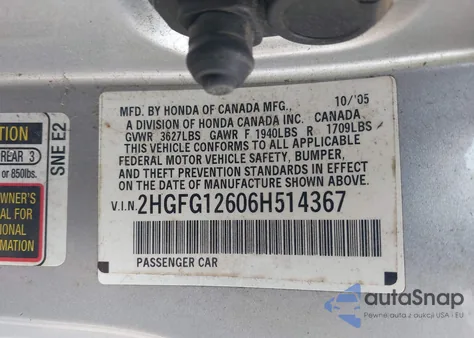 2006 Honda Civic Lx из США, поврежденный, VIN 2HGFG12606H514367